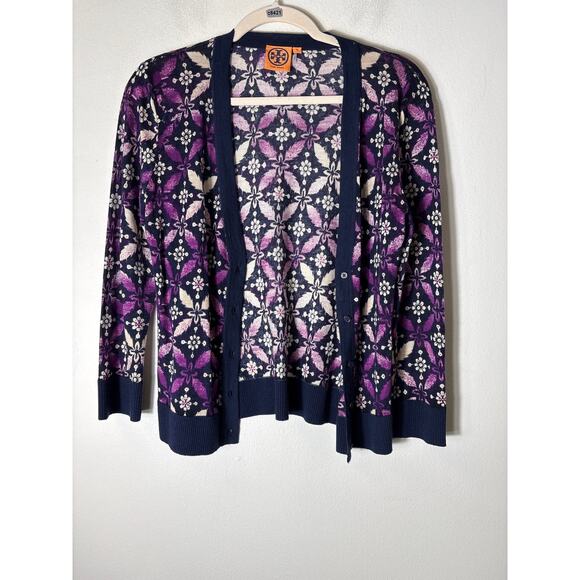 Tory Burch Sweaters - Tory Burch Purple Off White Long Sleeve Wool Cardigan Sz M